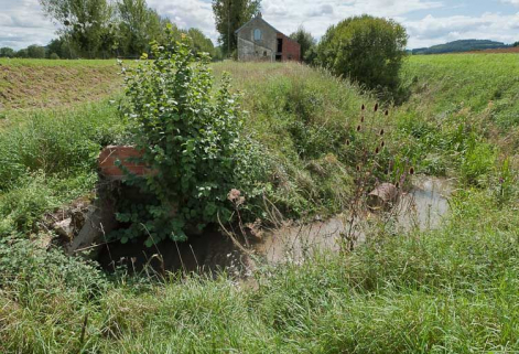 Vue de la rigole d'alimentation se déversant en aval du site d'écluse. © Région Bourgogne-Franche-Comté, Inventaire du patrimoine