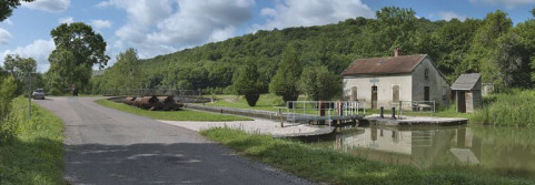 Vue d'ensemble du site d'écluse prise de l'amont. © Région Bourgogne-Franche-Comté, Inventaire du patrimoine