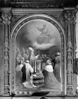 Le tableau du retable gauche. Dessin, par l'architecte Pompée, (fin 19e siècle) © Région Bourgogne-Franche-Comté, Inventaire du patrimoine