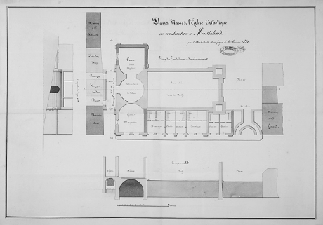 Plan de masse de l'église catholique en construction à Montbéliard. Plan des fondations et soubassement, 1851. © Région Bourgogne-Franche-Comté, Inventaire du patrimoine
