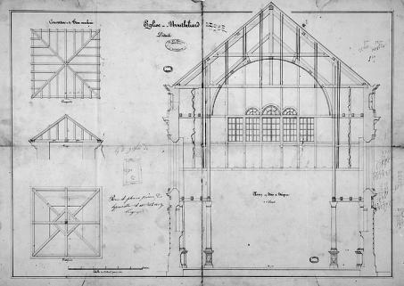 Eglise de Montbéliard. Détails [coupe transversale de la nef, plan de la charpente de la tour sud], 1859. © Région Bourgogne-Franche-Comté, Inventaire du patrimoine