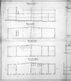 Plans de masse et de détail d'un bâtiment [...] dans lequel le sieur Révillon [...] a le projet d'établir une fabrique de sucre de bettes-raves [coupe longitudinale et plan à chaque étage]. © Région Bourgogne-Franche-Comté, Inventaire du patrimoine