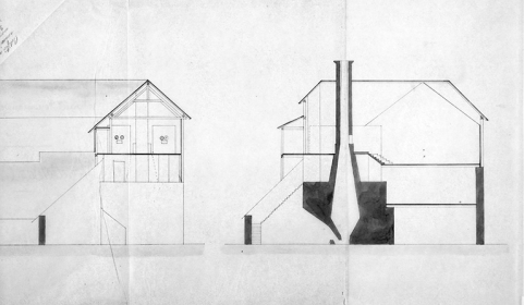 Haut-fourneau de Moulin-Rouge situé sur la commune d'Audelange. Elévation et coupe verticale. © Région Bourgogne-Franche-Comté, Inventaire du patrimoine