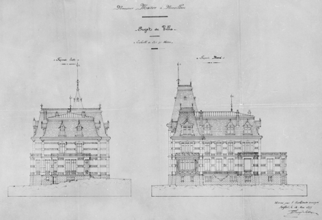 Monsieur Maître à Morvillars. Projet de villa. Façade est et façade nord. © Région Bourgogne-Franche-Comté, Inventaire du patrimoine