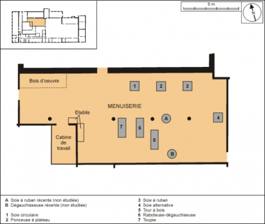 Plan de localisation des machines de l'atelier de menuiserie. D'après la carte topographique au 1:25 000, I.G.N., Baume-les-Dames, 3422 est, et le plan cadastral, 1982, sections AN (1:1000) et ZN (1:2000), réduites à 1:3700. © Région Bourgogne-Franche-Comté, Inventaire du patrimoine