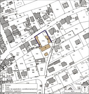 Plan-masse et de situation. Extrait du plan cadastral numérisé, 2008, section AE, 1:1000 réduit à 1:1250. Source : Direction générale des Finances Publiques - Cadastre ; mise à jour : 2008. © Région Bourgogne-Franche-Comté, Inventaire du patrimoine