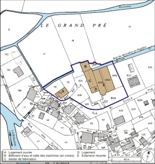 Plan-masse et de situation. Extrait du plan cadastral numérisé, 2008, section A, 1:1250. Source : Direction générale des Finances Publiques - Cadastre ; mise à jour : 2008. © Région Bourgogne-Franche-Comté, Inventaire du patrimoine