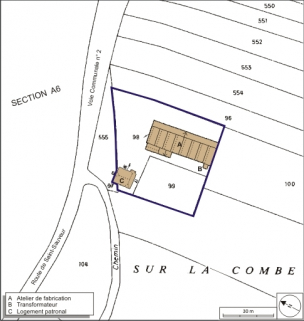 Plan-masse et de situation. Extrait du plan cadastral numérisé, 2008, section B, 1:1250 agrandi à 1:1000. Source : Direction générale des Finances Publiques - Cadastre ; mise à jour : 2008. © Région Bourgogne-Franche-Comté, Inventaire du patrimoine
