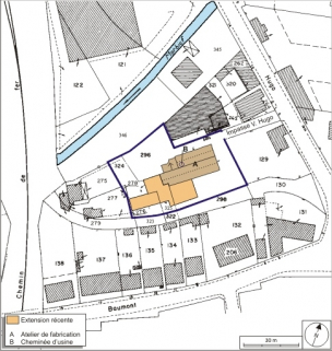 Plan-masse et de situation. Extrait du plan cadastral numérisé, 2008, section AX, 1:1000. Source : Direction générale des Finances Publiques - Cadastre ; mise à jour : 2008. © Région Bourgogne-Franche-Comté, Inventaire du patrimoine