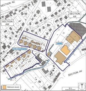 Plan-masse et de situation. Extrait du plan cadastral numérisé, 2008, section AW, 1:1000 réduit à 1:2500. Source : Direction générale des Finances Publiques - Cadastre ; mise à jour : 2008. © Région Bourgogne-Franche-Comté, Inventaire du patrimoine