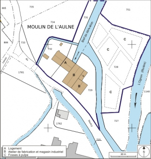 Plan-masse et de situation. Extrait du plan cadastral numérisé, 2008, section C, 1:1250 agrandi à 1:1000. Source : Direction générale des Finances Publiques - Cadastre ; mise à jour : 2008. © Région Bourgogne-Franche-Comté, Inventaire du patrimoine