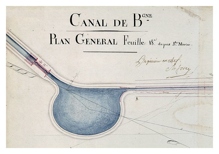 "Canal de Bourgogne. Plan général. Feuille 18e depuis Sainte-Marie". Souterrain et tranchée côté Escommes. 1811. (Archives départementales de la Côte-d'Or, Dijon) © Région Bourgogne-Franche-Comté, Inventaire du patrimoine