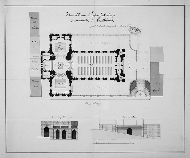 Plan de masse de l'église catholique en construction à Montbéliard, 1851. © Région Bourgogne-Franche-Comté, Inventaire du patrimoine