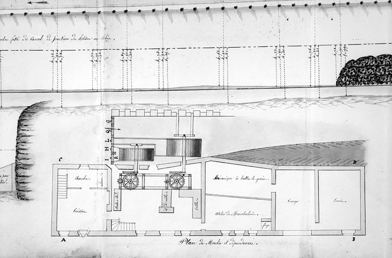 Plans et nivellements relatifs à la demande en autorisation de construction de moulin [...]. Plan du Moulin et dépendances. © Région Bourgogne-Franche-Comté, Inventaire du patrimoine