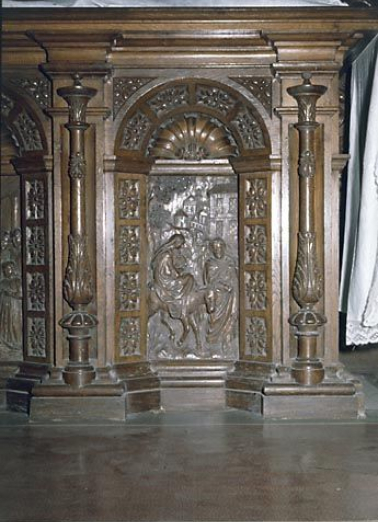 Autel-retable nord : bas-relief de la Fuite en Egypte sur le devant de l'autel. © Région Bourgogne-Franche-Comté, Inventaire du patrimoine