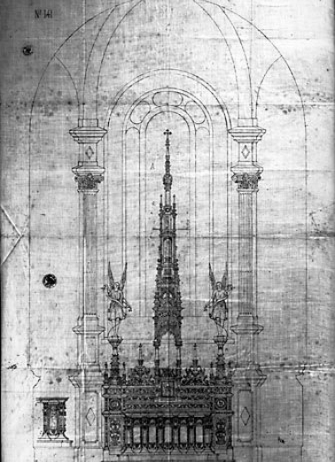 Elévation du maître-autel. Dessin, par Charton-Froissard, 1879 © Région Bourgogne-Franche-Comté, Inventaire du patrimoine