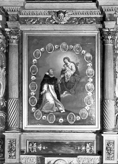 Autel latéral gauche : tableau la Donation du rosaire à saint Dominique. © Région Bourgogne-Franche-Comté, Inventaire du patrimoine