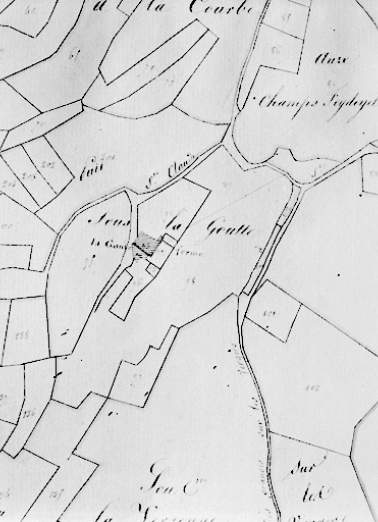 Plan-masse et de situation. Dessin, 1812. Extrait du plan cadastral, section A, 1ère feuille, échelle 1:2500. © Région Bourgogne-Franche-Comté, Inventaire du patrimoine