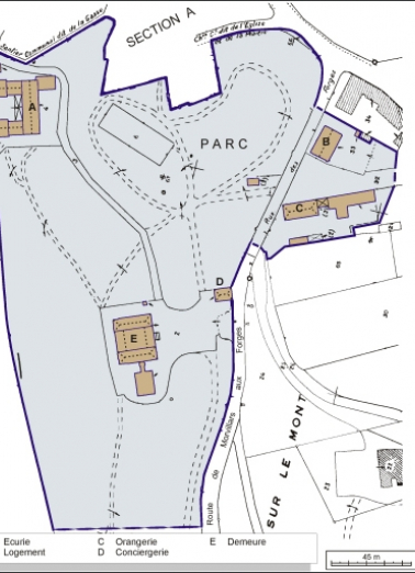 Plan-masse et de situation. Extrait du plan cadastral, 1984, section B, 1:1000 réduit à 1:1500. © Région Bourgogne-Franche-Comté, Inventaire du patrimoine