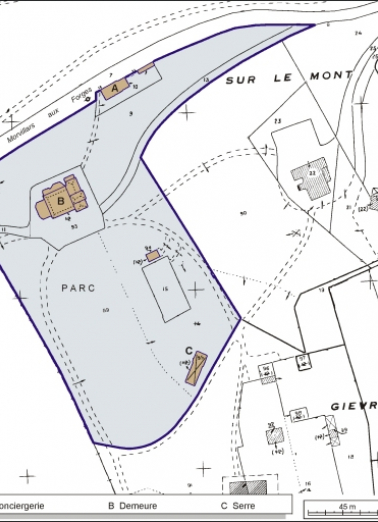 Plan-masse et de situation. Extrait du plan cadastral, 1984, section B, 1:1000 réduit à 1:1500. © Région Bourgogne-Franche-Comté, Inventaire du patrimoine