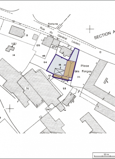 Plan-masse et de situation. Extrait du plan cadastral, 1984, section AE, 1:1000. © Région Bourgogne-Franche-Comté, Inventaire du patrimoine