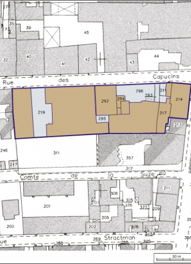 Plan-masse et de situation. Extrait du plan cadastral, 2001, section BK, 1:1000. © Région Bourgogne-Franche-Comté, Inventaire du patrimoine