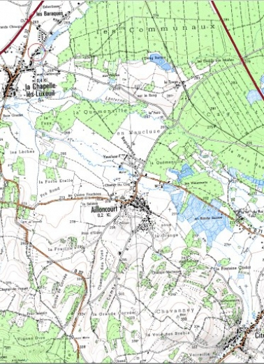 Carte de localisation. Carte topographique au 1:25000, I.G.N., Luxeuil-les-Bains, 3420 E. SCAN 25 © IGN - 2008, Licence n°2008CISE29-68. © Région Bourgogne-Franche-Comté, Inventaire du patrimoine