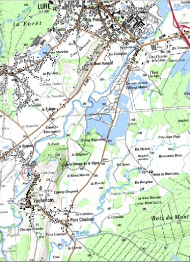 Carte de localisation. Carte topographique au 1:25000, I.G.N., Lure, 3521 O. SCAN 25 © IGN - 2008, Licence n°2008CISE29-68. © Région Bourgogne-Franche-Comté, Inventaire du patrimoine
