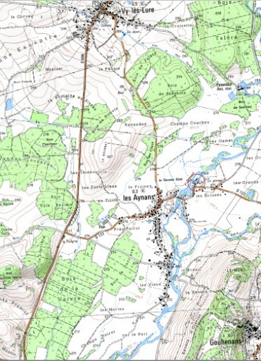 Carte de localisation. Carte topographique au 1:25000, I.G.N., Villersexel, 3421 E. SCAN 25 © IGN - 2008, Licence n°2008CISE29-68. © Région Bourgogne-Franche-Comté, Inventaire du patrimoine