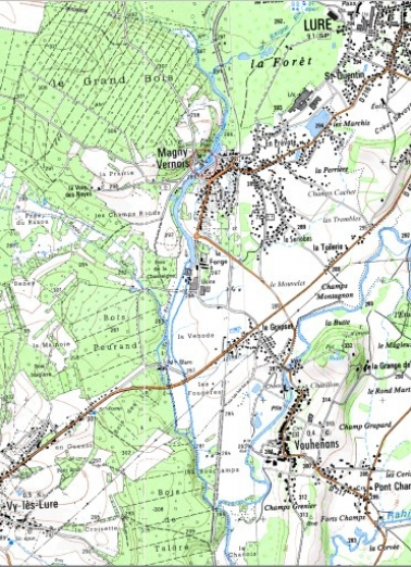 Carte de localisation. Carte topographique au 1:25000, I.G.N., Villersexel, 3421 E. SCAN 25 © IGN - 2008, Licence n°2008CISE29-68. © Région Bourgogne-Franche-Comté, Inventaire du patrimoine
