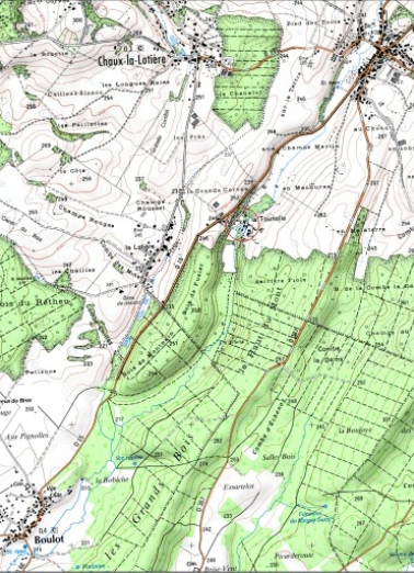 Carte de localisation. Carte topographique au 1:25000, I.G.N., Rioz, 3322 E. SCAN 25 © IGN - 2008, Licence n°2008CISE29-68. © Région Bourgogne-Franche-Comté, Inventaire du patrimoine