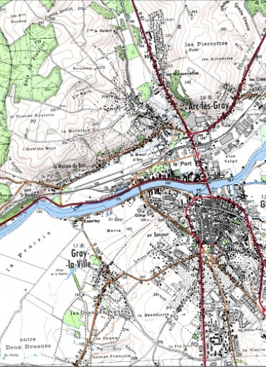 Carte de localisation. Carte topographique au 1:25000, I.G.N., Gray, 3222 E. SCAN 25 © IGN - 2008, Licence n°2008CISE29-68. © Région Bourgogne-Franche-Comté, Inventaire du patrimoine