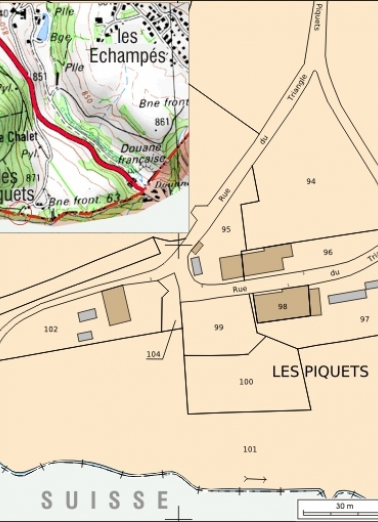 Plan masse et carte de localisation. Extrait du plan cadastral, 2008, section C, échelle 1/1 000 et extrait de la carte IGN, échelle 1/12 500 ; SCAN 25 (c) IGN - 2008, Licence n° 2008CISE29-68. © Région Bourgogne-Franche-Comté, Inventaire du patrimoine ; SCAN 25  IGN - 2008, Licence n° 2008CISE29-68