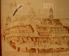 Vue générale d'un plan de la ville de Louhans, conservé à l'Ecomusée de la Bresse bourguignonne, 17è siècle (coté L, l'hôtel-dieu) © Région Bourgogne-Franche-Comté, Inventaire du patrimoine