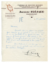 Papier à en-tête de la fabrique de montres Jacques Frésard, 25 avril 1950. © Région Bourgogne-Franche-Comté, Inventaire du patrimoine