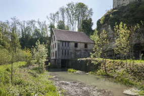 Vue d'ensemble depuis l'ouest, avec le canal de fuite. © Région Bourgogne-Franche-Comté, Inventaire du patrimoine