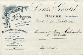 Papier à en-tête de la fabrique d'horlogerie Louis Gentil, à Maîche, 15 février 1922. © Région Bourgogne-Franche-Comté, Inventaire du patrimoine