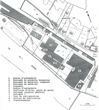 Plan-masse de la partie occidentale du site industriel (usine B). Extrait du plan cadastral, 1982, section DH, 1/1 000 réduit à 1/2 000. © Région Bourgogne-Franche-Comté, Inventaire du patrimoine