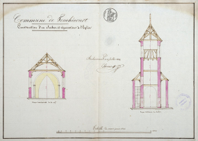 Projet de construction d'un clocher à l'église, coupe (1843). © Région Bourgogne-Franche-Comté, Inventaire du patrimoine
