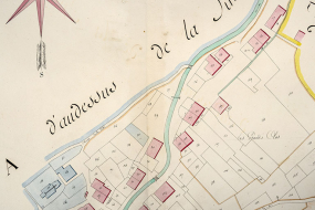 Cadastre de la commune des Gras. Atlas parcellaire, 1816, section E [détail : la Grande Rue], 1/1 250. © Région Bourgogne-Franche-Comté, Inventaire du patrimoine