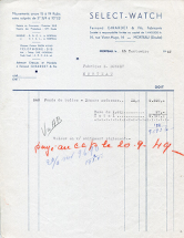 Papier à en-tête de la fabrique de montres Select-Watch Fernand Girardet et Fils, 15 septembre 1949. © Région Bourgogne-Franche-Comté, Inventaire du patrimoine