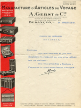 Papier à en-tête de la Manufacture d'articles de voyage A. Gerst et Cie, 1933. © Région Bourgogne-Franche-Comté, Inventaire du patrimoine