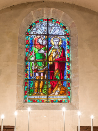 Vue d'ensemble de la verrière représentant saint Hubert et saint Laurent. © Région Bourgogne-Franche-Comté, Inventaire du patrimoine