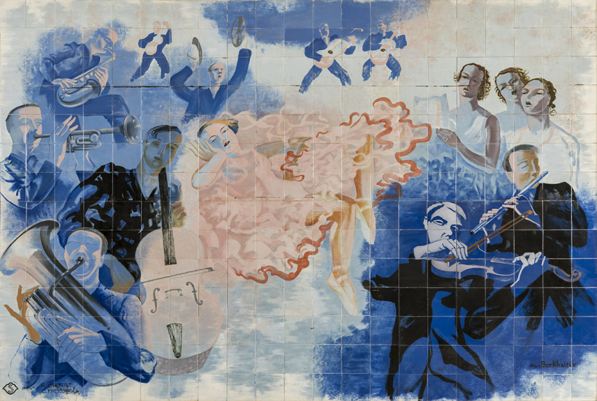 Peinture de Jean Burkhalter : l'Ouïe, maison du peuple et théâtre municipal, Auxerre (89) © phot. P.-M. Barbe-Richaud, Région Bourgogne-Franche-Comté, Inventaire du patrimoine, 2023