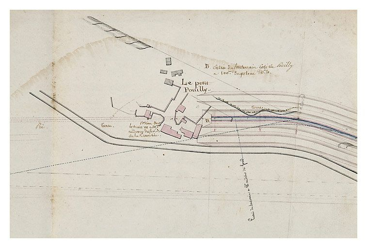 "Canal de Bourgogne. Plan général depuis Sainte-Marie". Souterrain et tranchée côté Pouilly. 1811. (Archives départementales de la Côte-d'Or, Dijon) © Thierry  Kuntz (reproduction) / Région Bourgogne-Franche-Comté, Inventaire du patrimoine - 2007