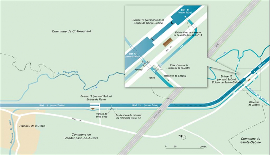 Plan schématique du réseau hydraulique des biefs 13 et 14 du versant Saône. © Alain Morelière / Région Bourgogne-Franche-Comté, Inventaire du patrimoine - 2013