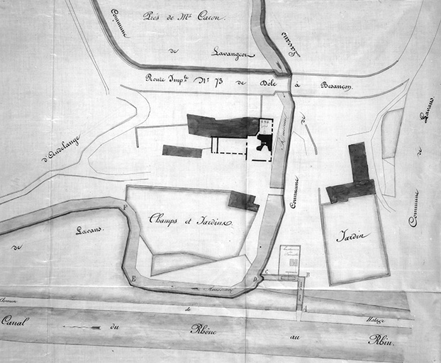 Plan général 1° du Haut-Fourneau de Moulin-Rouge situé sur la commune d'Audelange, 2° du Patouillet projeté sur la commune de Lavans. © Yves Sancey / Région Bourgogne-Franche-Comté, Inventaire du patrimoine - 1989