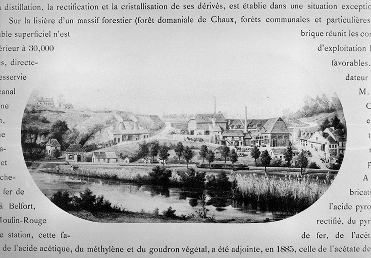 Vue d'ensemble de l'usine Crébely depuis le sud-est, à la fin du 19e siècle. © Yves Sancey / Région Bourgogne-Franche-Comté, Inventaire du patrimoine - 1993