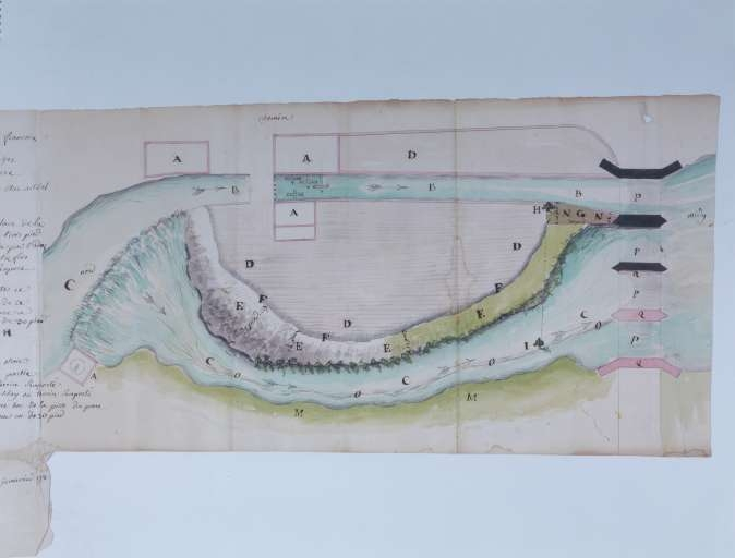 Plan visuel des moulins du Sieur Gabriel François Mouchet et du pont d'Arinthau. © Jérôme Mongreville / Région Bourgogne-Franche-Comté, Inventaire du patrimoine - 1994