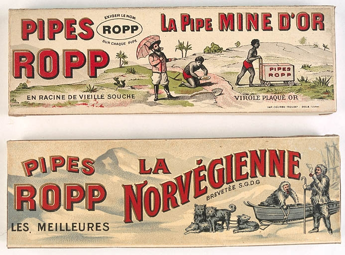 Détail des boîtes de présentation de pipes La Norvégienne et Mine d'Or. © Yves Sancey / Région Bourgogne-Franche-Comté, Inventaire du patrimoine - 2002